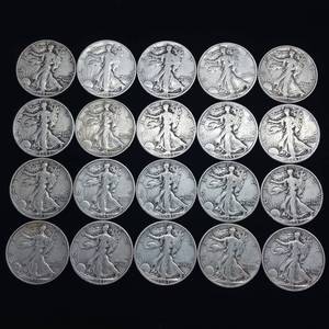 lot 110 image: 10 DOLLARS FACE  90% SILVER WALKING LIBERTY HALF DOLLARS  YEARS AS SEEN ON IMAGE   20 HALF DOLLARS TOTAL