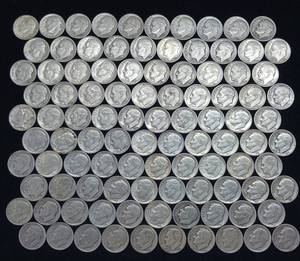 lot 111 image: 10 DOLLARS FACE  PRE-1965 SILVER DIMES  YEARS AS SEEN ON IMAGE  MIX (MOSTLY ROOSEVELT)  100 DIMES TOTAL