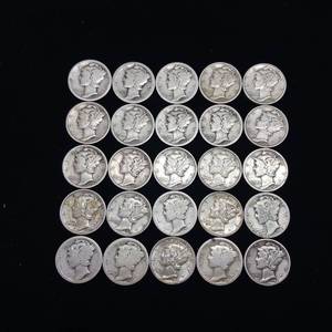 lot 112 image: 25 DIMES  PRE-1965 SILVER DIMES  YEARS AS SEEN ON IMAGE  MIX (MOSTLY MERCURY)