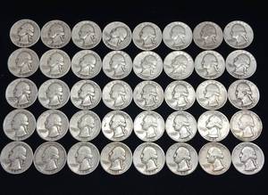 lot 113 image: 10 DOLLARS FACE  PRE-1965 WASHINGTON QUARTERS MIX  YEARS AS SEEN ON IMAGE  30S AND 40S   40 QUARTERS TOTAL