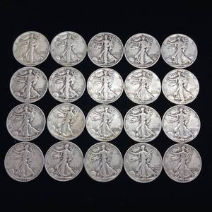 lot 114 image: 1940S 10 DOLLARS FACE  90% SILVER WALKING LIBERTY HALF DOLLARS  YEARS AS SEEN ON IMAGE   20 HALF DOLLARS TOTAL