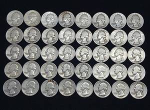 lot 116 image: 10 DOLLARS FACE  90% SILVER WASHINGTON QUARTERS  YEARS AS SEEN ON IMAGE  30S AND 40S   40 QUARTERS TOTAL