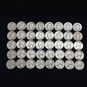lot 117 image: 10 DOLLARS FACE  90% SILVER WASHINGTON QUARTERS  YEARS AS SEEN ON IMAGE  1950S   40 QUARTERS TOTAL