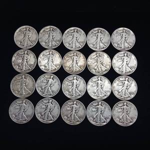 lot 118 image: 10 DOLLARS FACE  90% SILVER WALKING LIBERTY HALF DOLLARS  YEARS AS SEEN ON IMAGE   20 HALF DOLLARS TOTAL