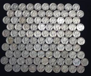 lot 119 image: 10 DOLLARS FACE  90% MERCURY SILVER DIMES  YEARS AS SEEN ON IMAGE   100 DIMES TOTAL