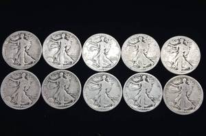 lot 122 image: 5 DOLLARS FACE WALKING LIBERTY HALF DOLLARS  10 COINS TOTAL  1917   1936  1920 - 1939