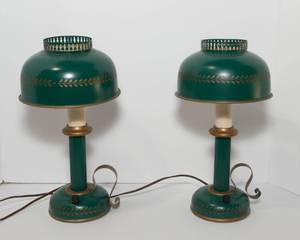 lot 17 image: Set of Two Mid-Century Toleware Lamps  Dark Green, 13T