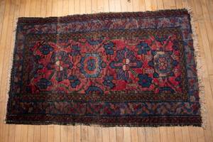 lot 38 image: Vintage Wool Rug  27.5 x 45  Rich Red & Blue Tones