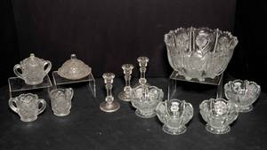 lot 47 image: Variety of Cut Glass Collection  Serving Bowls, Candlesticks, Creamer & Sugar, and More