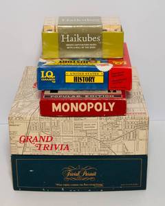 lot 69 image: Set of 5 Board Games  Haikubes, IQ Games U.S. History, Monopoly, Grand Trivia & Trivial Pursuit
