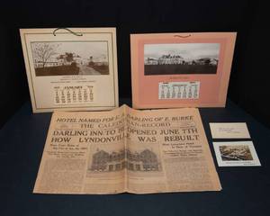 lot 70 image: Elmer Darling Memorabilia Lot  1928 & 1931 Unused Calendars  1928 Newspaper on Darling Inn Opening