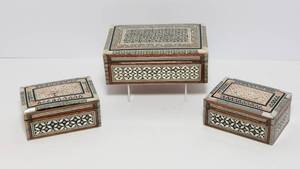 lot 133 image: Set of 3 Egyptian Accent Jewelry Boxes  Mother of Pearl Inlay