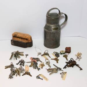 lot 326 image: Antique Items Lot  Iron, Keys, and Metal Milk Can