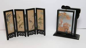 lot 335 image: Miniature Asian 4-Panel Folding Screen & Vintage Chinese Cork Carving