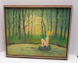 lot 352 image: M. Kutz Hand-Painted Artwork  Woman in a Pond in the Forest (21 x 17)