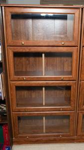 lot 356 image: Barrister-Style Laminate Bookcase with Glass Front Doors  60T x 28.5L x 12D - Oak Toned