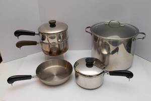 lot 404 image: Stainless Steel Cookware Lot  Revere Double Boiler, Pot & Pan  Large Metal Pot