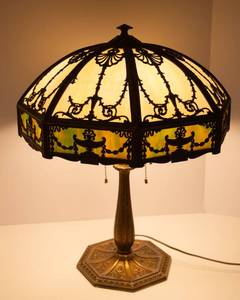 lot 1AA image: Antique Arts & Crafts Neoclassical Slag Glass Table Lamp  Likely Bradley & Hubbard