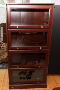 lot 431 image: Sauder Cherry-Tone Laminate Barrister-Style Bookcase with Glass Doors  60T x 28.5L x 12D