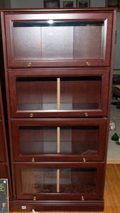 lot 438 image: Barrister-Style Laminate Bookcase with Glass Front Doors  60T x 28.5L x 12D - Cherry Tone