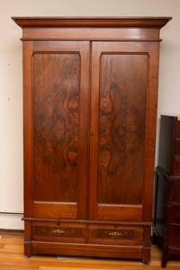 lot 2 image: Large Solid Wood Wardrobe  Possibly Walnut with Burlwood Accents  83 Tall