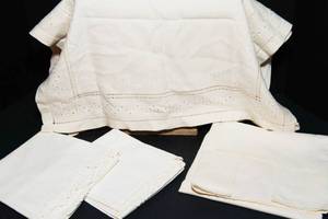 lot 123 image: Vintage Cotton Linens Lot  Pillowcases, Embroidered Table Covering & Hardanger Piece