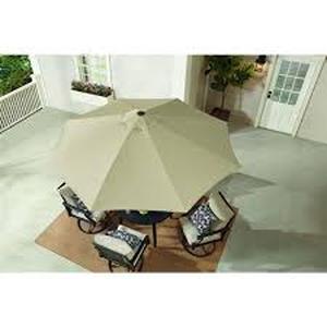 lot 6 image: Hampton Bay 9 ft. Aluminum Market Crank and Tilt Patio Umbrella in Riverbed Tan   Customer Returns See Pictures