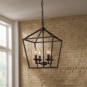 lot 29 image: Home Decorators Collection Weyburn 4-Light Bronze Farmhouse Chandelier Light Fixture with Caged Metal Shade  Customer Returns See Pictures