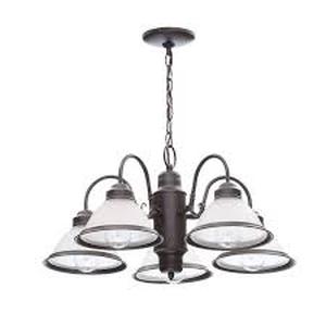 lot 30 image: Hampton Bay Halophane 5-Light Oil Rubbed Bronze Chandelier with Frosted Ribbed Glass Shades  Customer Returns See Pictures