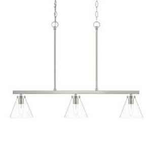 lot 31 image: Hampton Bay Myles 3-Light Island Pendant Light Brushed Nickel Finish Clear Glass Shades Customer Returns See Pictures