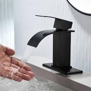lot 35 image: AIMADI Single Handle Single Hole Waterfall Bathroom Faucet with Pop-Up Drain Stainless Steel Vanity Sink Taps in Matte Black Customer Returns See Pictures