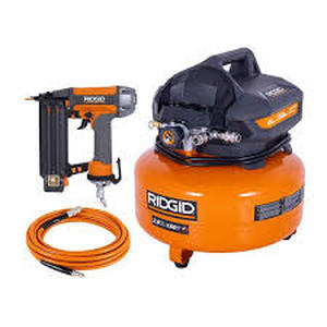 RIDGID 6 Gal. 150 PSI Portable Electric Oil-Free Jobsite Pancake Air Compressor with 25 ft. Air Hose and 18GA Brad Nailer  Customer Returns See Pictures