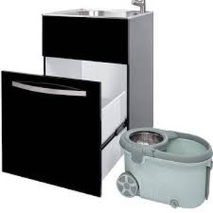 lot 6 image: Glacier Bay 24 in. W x 21 in. D x 34 in. L Stainless Steel Laundry Sink with Faucet and Drawer Cabinet in Black  Customer Returns See Pictures