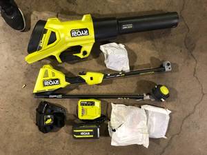 lot 16 image: RYOBI 40V HP Brushless 650 CFM 160 MPH Cordless Leaf Blower and Carbon Fiber String Trimmer with 4Ah Battery and Charger  Customer Returns See Pictures