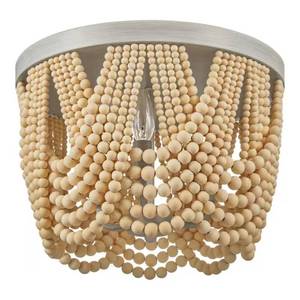 lot 53-H2025 image: Home Decorators Collection Harlan 15 in. 3-Light Brushed Grey Flush Mount with Natural Real Wood Beads