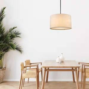 lot 56-H2025 image: Monteaux Lighting 2-Light Black Hanging Pendant Light Fixture with Linen Drum Shade