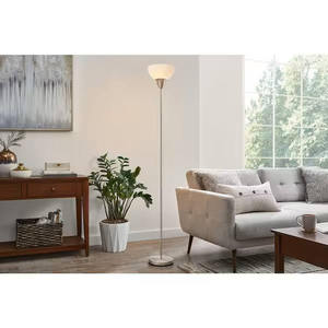 lot 64-H2025 image: Hampton Bay 70 in. Brushed Nickel 1-Light Torchiere Floor Lamp with Plastic Shade