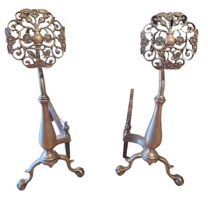 Pair of Antique Brass Andirons with Floral Openwork Design