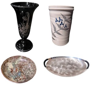 lot 76 image: Vases & Serving Trays including A Hazel Atlas Black Sterling Flower Vase & An Oval Silverplate Tray