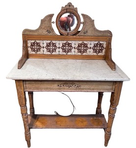 1900's Antique Marble Top, Tile Back With Mirror Decorative Washstand