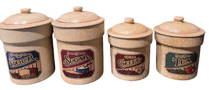 lot 72 image: Treasure Craft Canister Crock Set- Flour, Sugar, Coffee & Tea