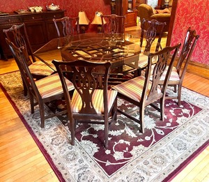 Vintage Chinese Chippendale Chinoiserie Style Mahogany Dining Table With Octagon Glass Top, 8 Chairs & Large Red Ornate Area Rug