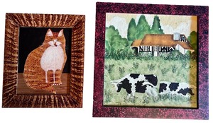 lot 134 image: Vintage Folk Art Painting of an Orange Cat & Cows in Field
