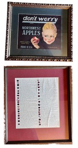 lot 133 image: Framed Vintage Original Crate Advertisement Wooden Fruit Box Apple Label & Framed List of Apple Varieties
