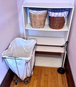 lot 110 image: Laundry Hamper, White Shelves & Wicker Baskets