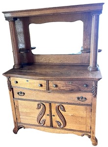 Antique Oak Chest of Drawers with Mirror, Display Shelves & Carved Wood Designs