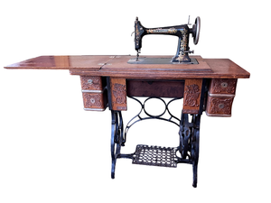 lot 15 image: Antique Treadle Standard Brand Sewing Machine with Cast Base & Carved Drawers