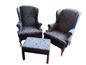 lot 90 image: Pair of Vintage Dark Blue Wingback Arm Chairs & Matching Ottoman