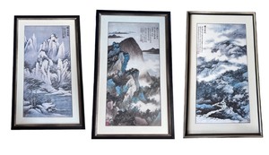 lot 96 image: Trio of Hand Painted Chinese Porcelain Plaques of Landscape Scenes
