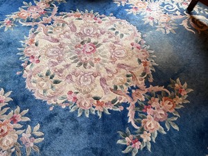 lot 92 image: Vintage Large Chinese Blue Wool Carpet with Floral Designs, Oval Medallion Center
